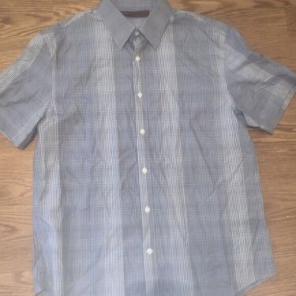 Perry Ellis Men's Large Blue Plaid Cotton Short Sleeve Button Shirt Size L - Picture 1 of 7